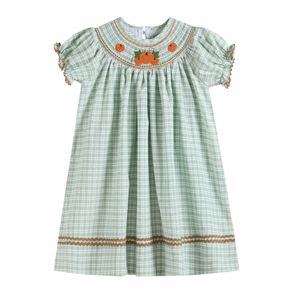 Sage Green Plaid Pumpkin Smocked Bishop Dress