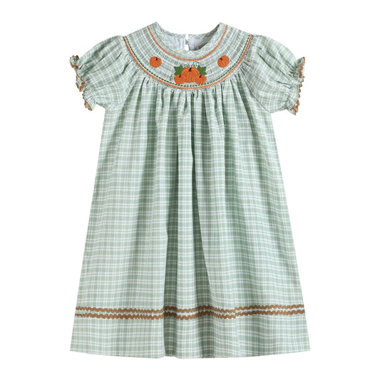 Sage Green Plaid Pumpkin Smocked Bishop Dress