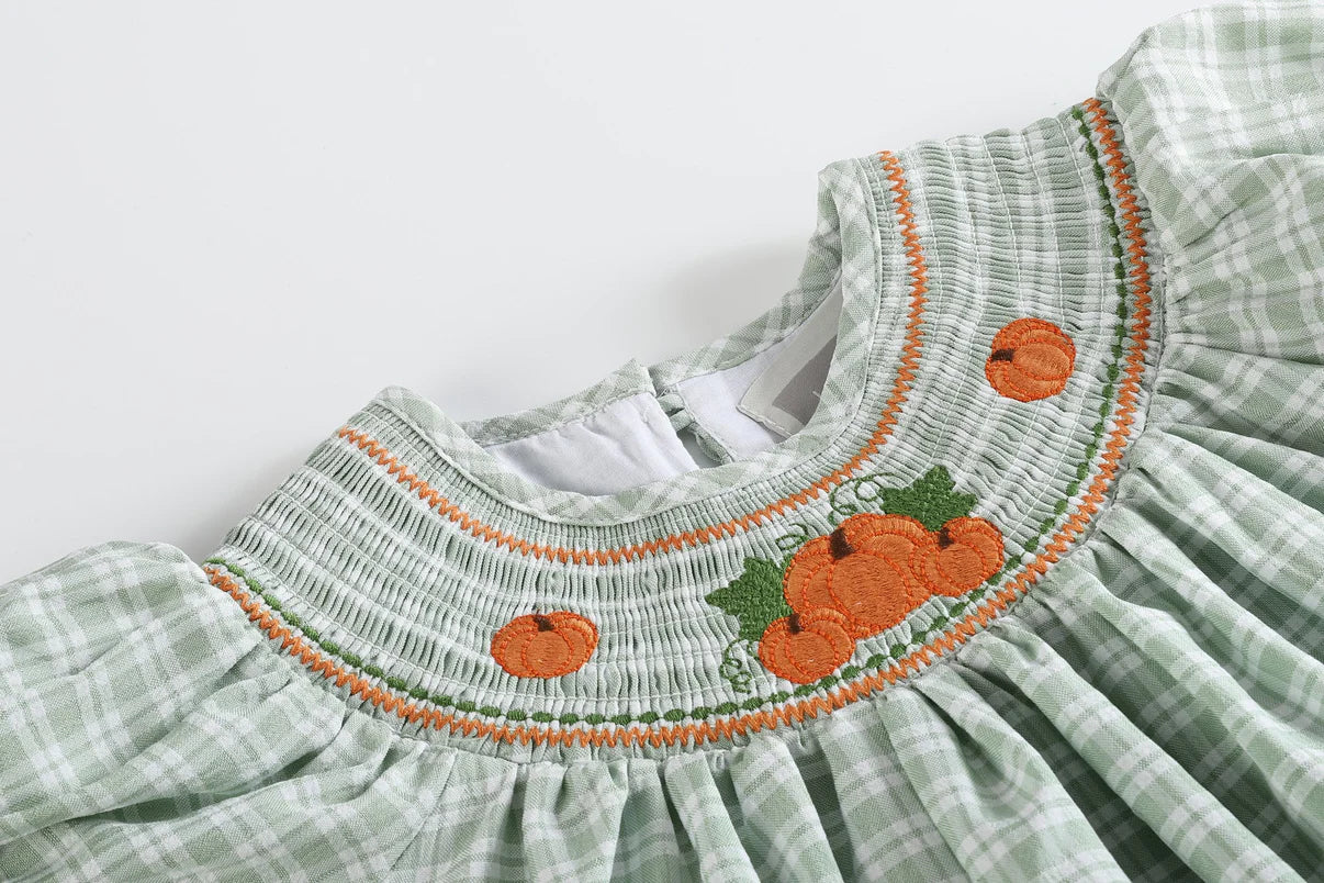 Sage Green Plaid Pumpkin Smocked Bishop Dress