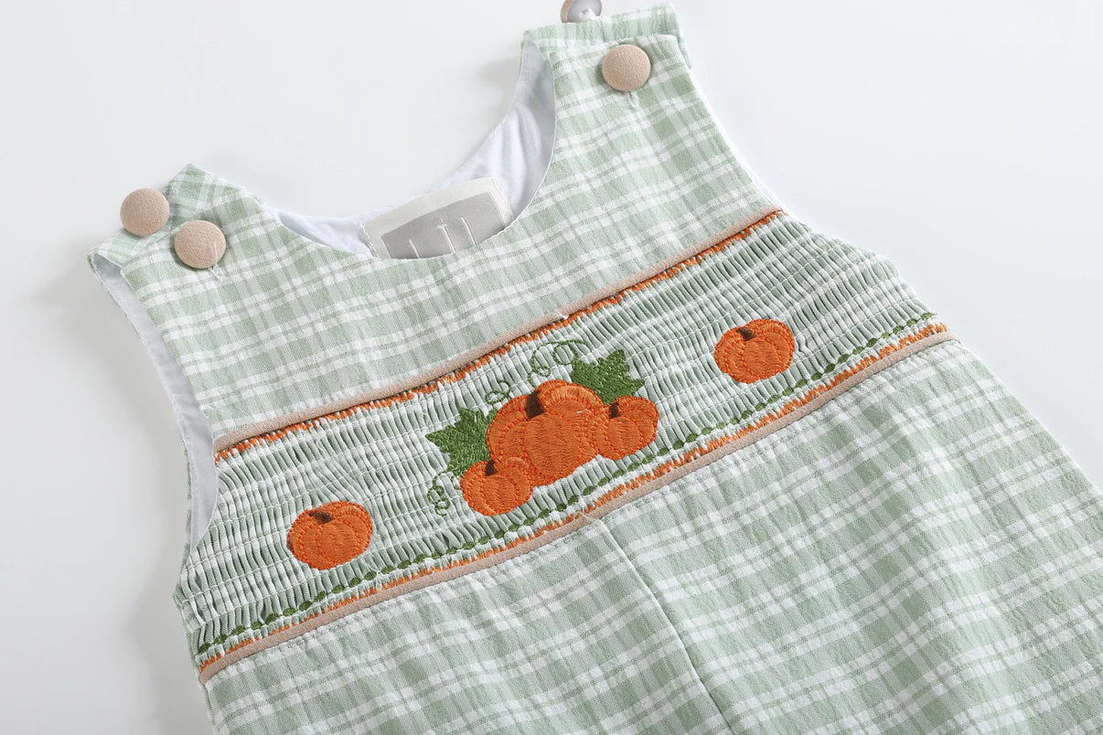 Sage Green Plaid Pumpkin Smocked Overalls