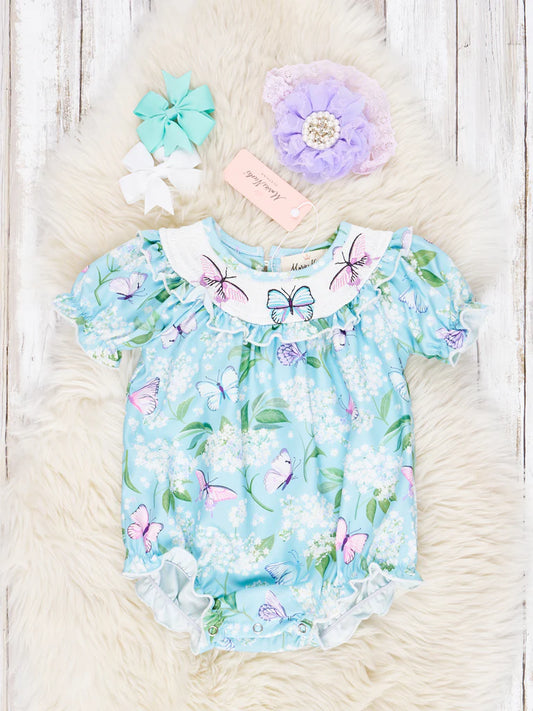 Smocked Blue Butterfly Romper