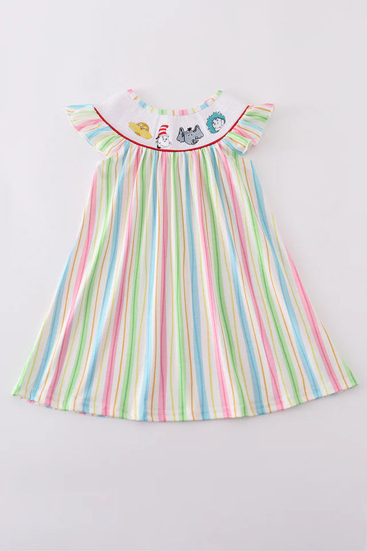 Stripe Dr. Seuss Embroidery Smocked Dress