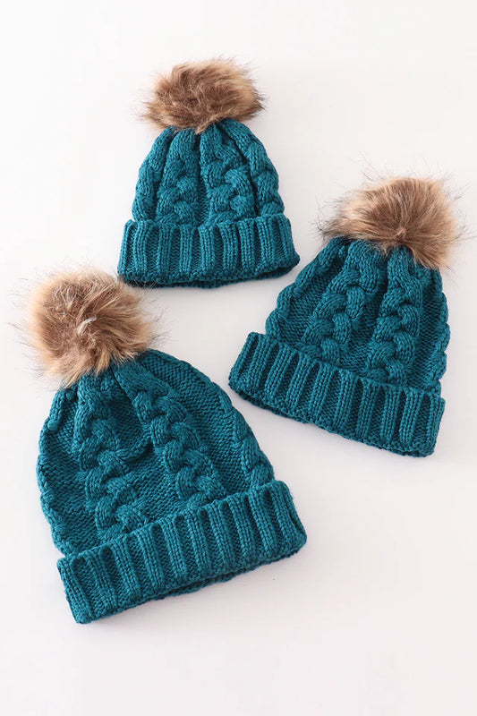 Teal Pompom Cable Beanie - Baby