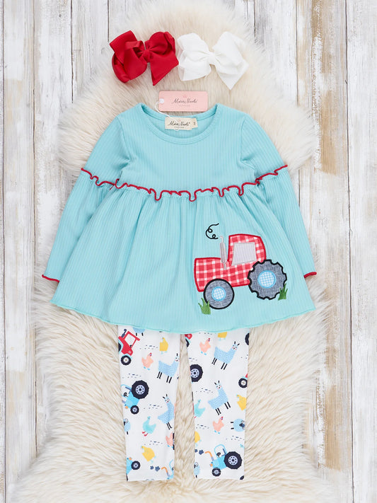 Teal Ribbed Gingham Tractor Ruffle Outfit