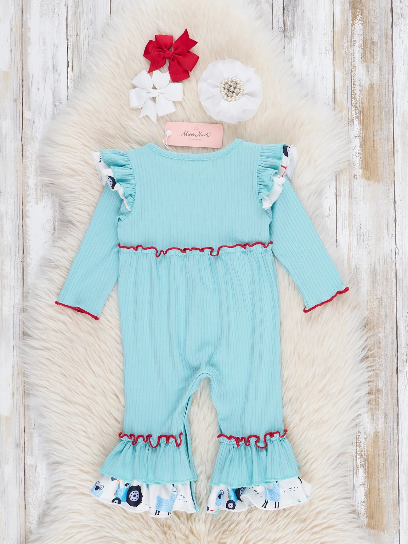 Teal Ribbed Gingham Tractor Ruffle Romper