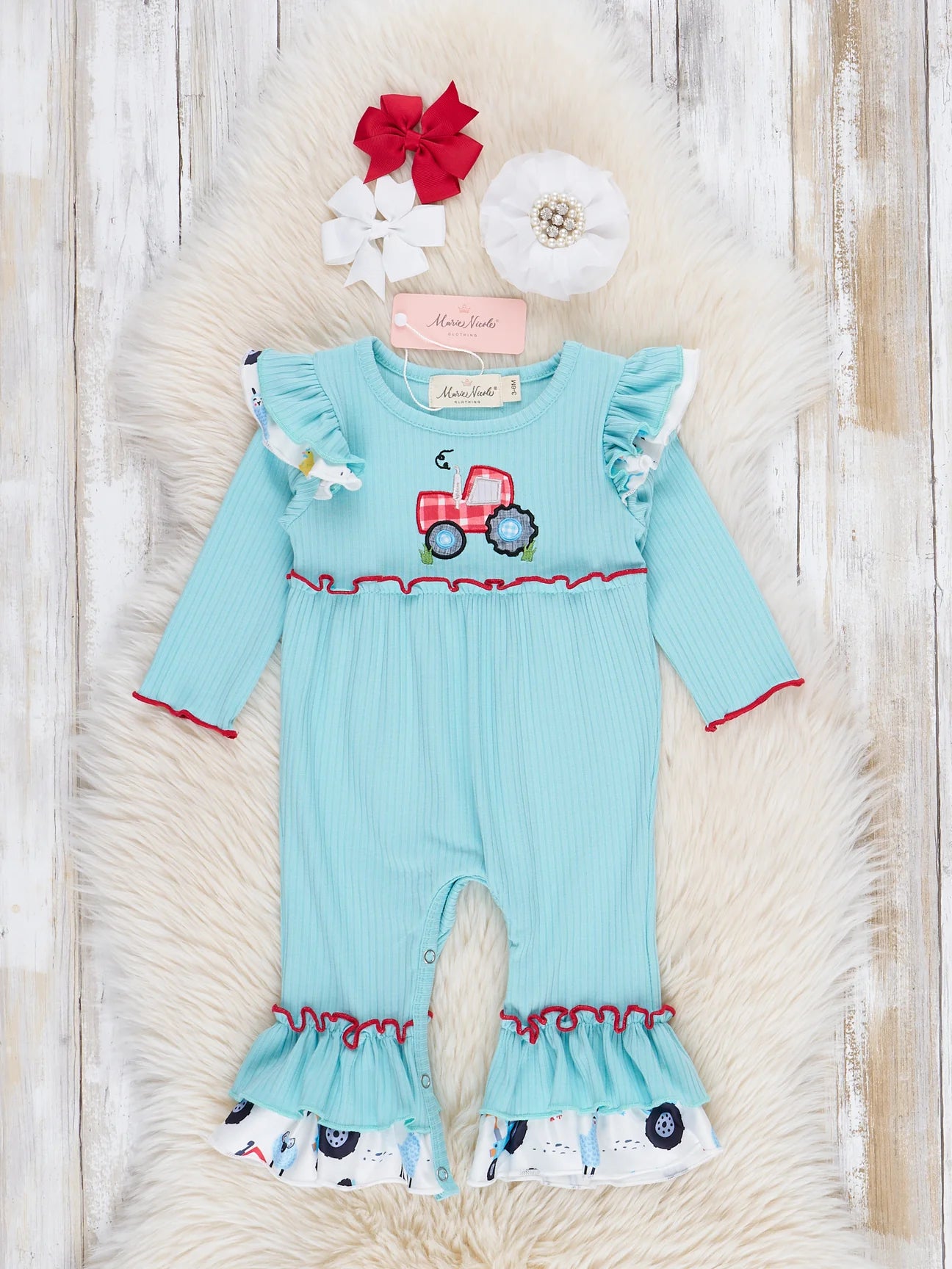 Teal Ribbed Gingham Tractor Ruffle Romper