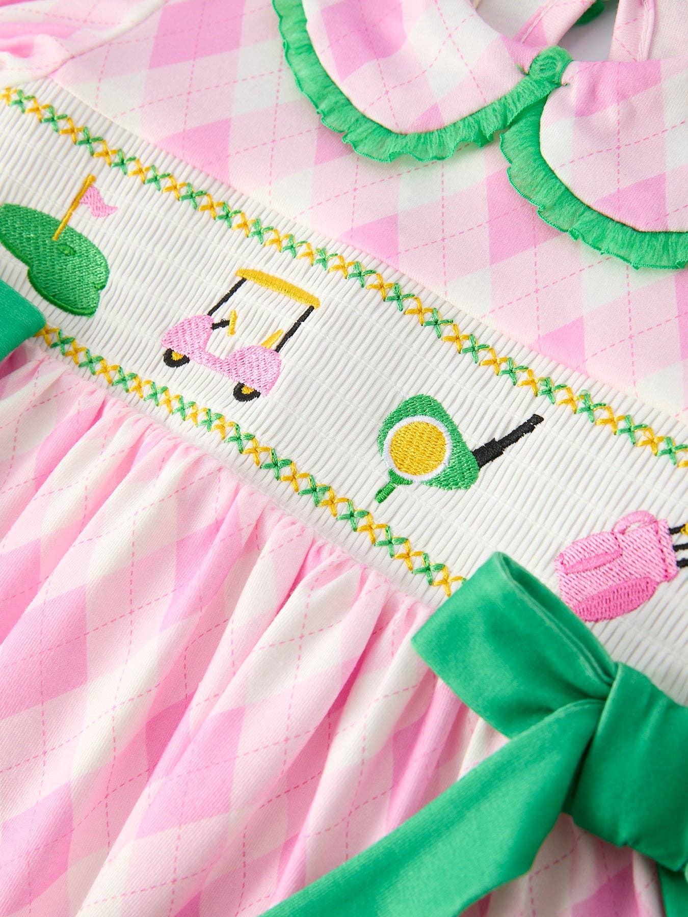 Golf Embroidered Girls Smocked Bow Dress