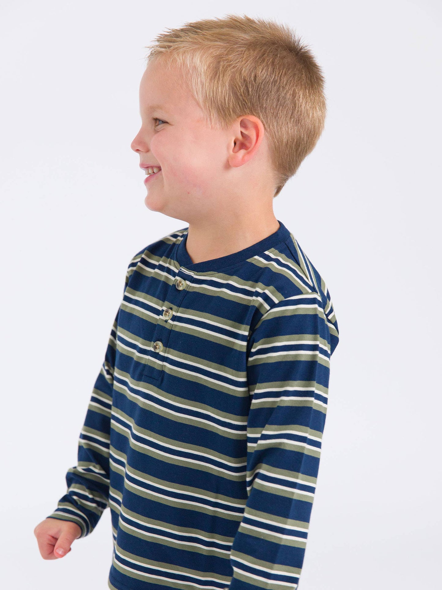 Boys Dark Navy & Olive Stripe Knit Long Sleeve Henley Tee