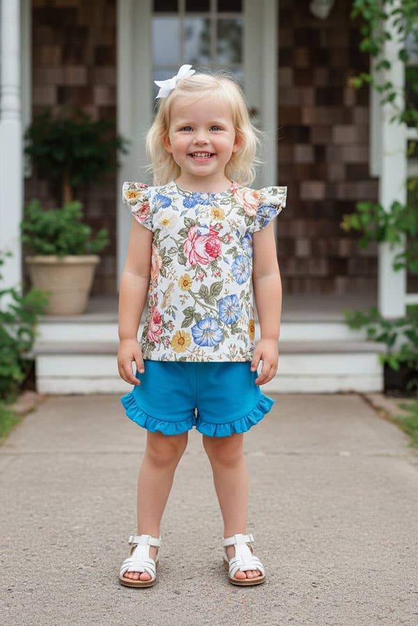 Floral Top & Blue Shorts Set