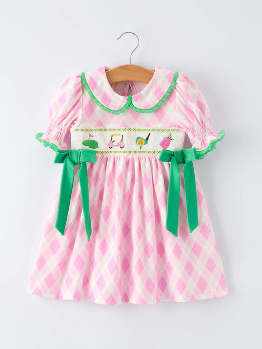 Golf Embroidered Girls Smocked Bow Dress