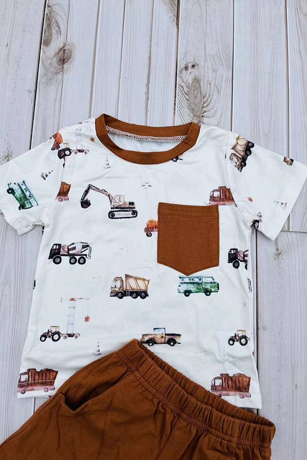 Construction Vehicles Top & Brown Shorts Set