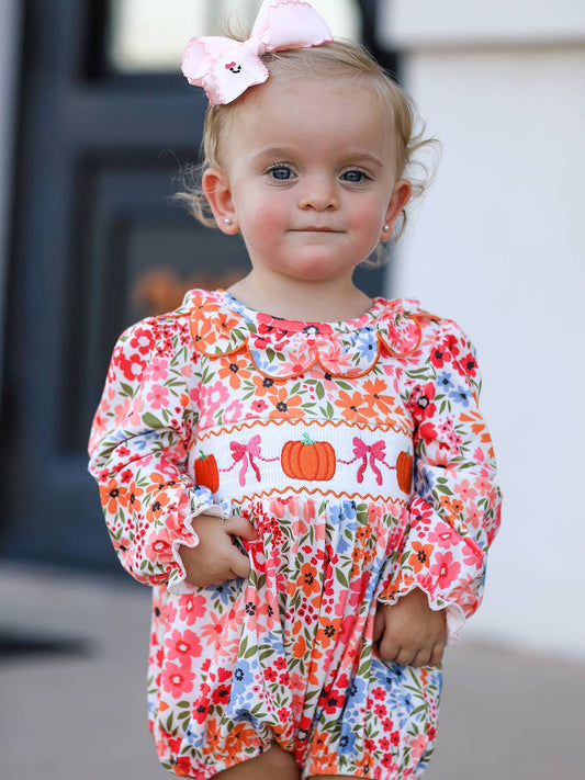 Pumpkin Bow Smocked Embroidered Floral Baby Girl Romper