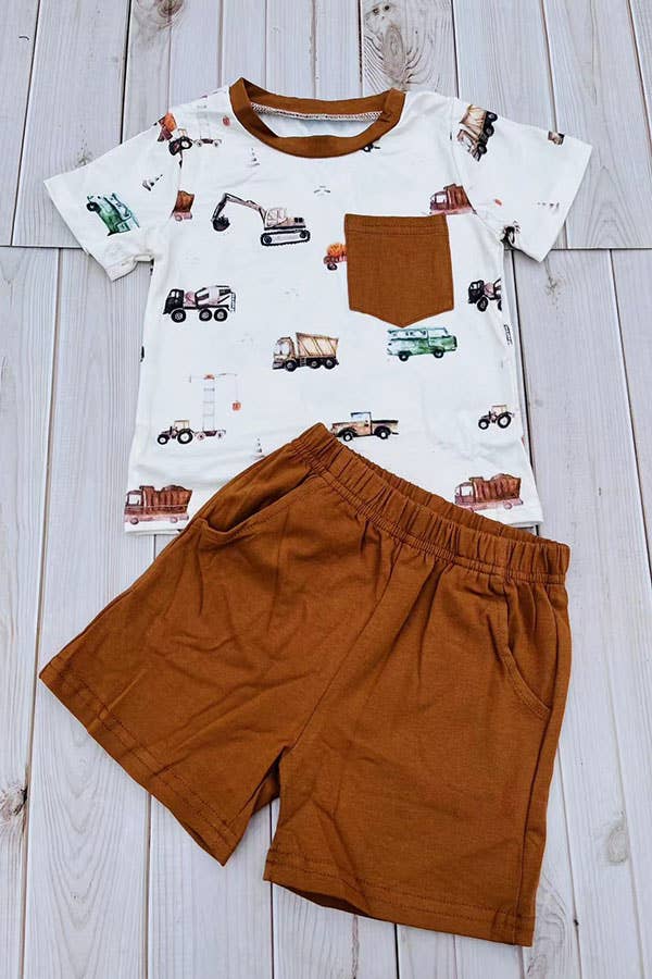 Construction Vehicles Top & Brown Shorts Set