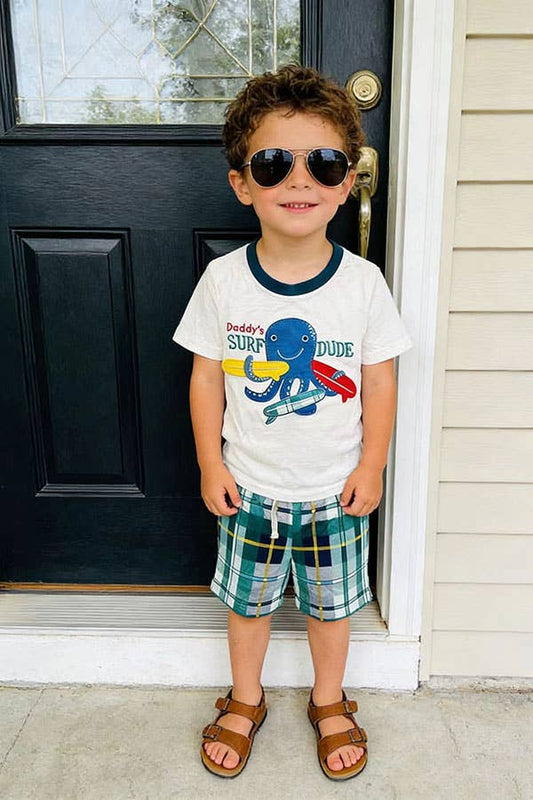 Daddy's Surf Dude White and Green Checkered Shorts Set