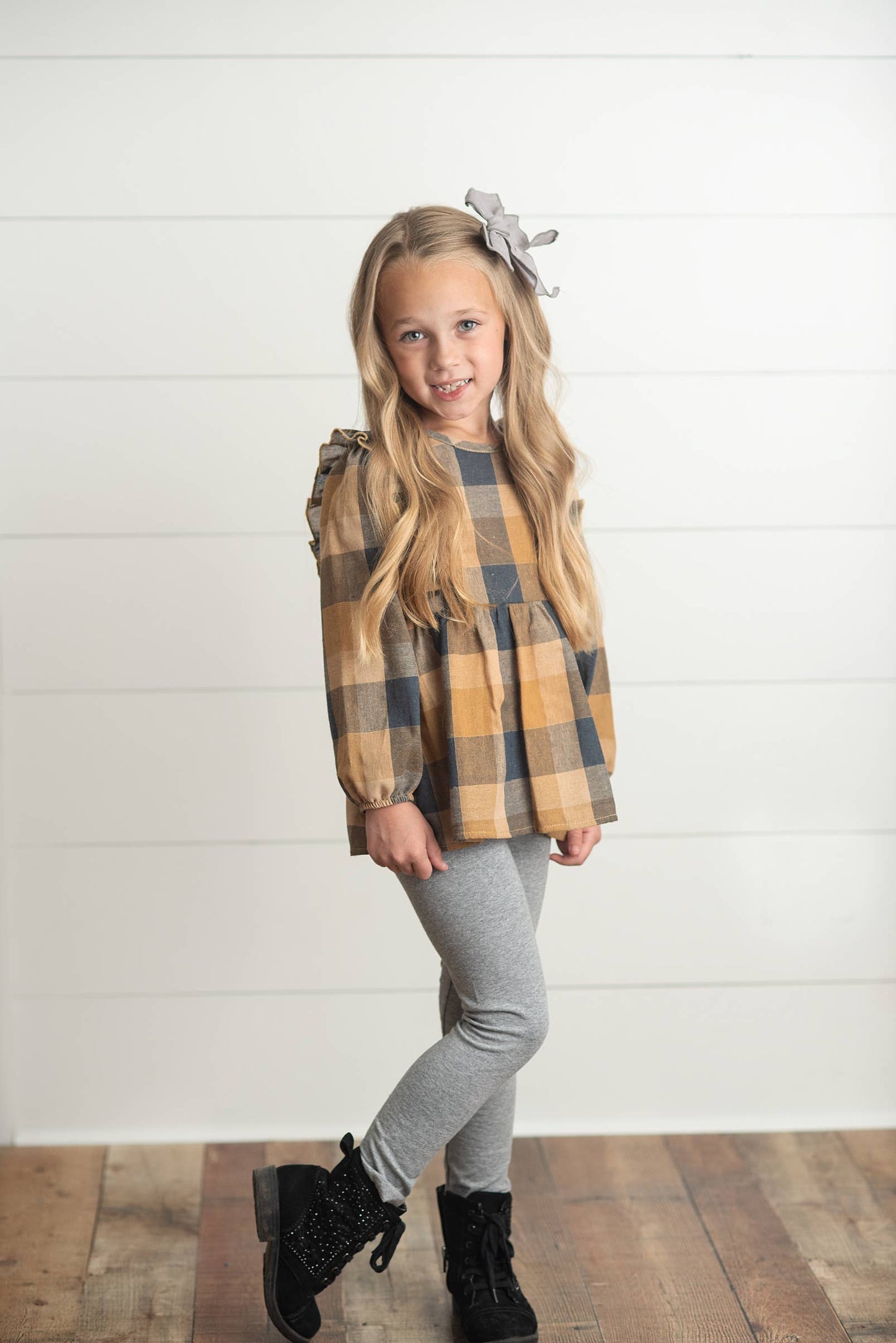 Girls Mustard & Gray Plaid Ruffle Button Set