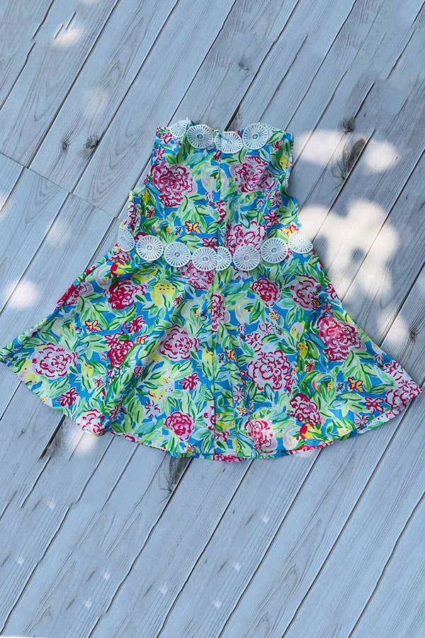 Girls Floral Print & White Lace Trim Dress