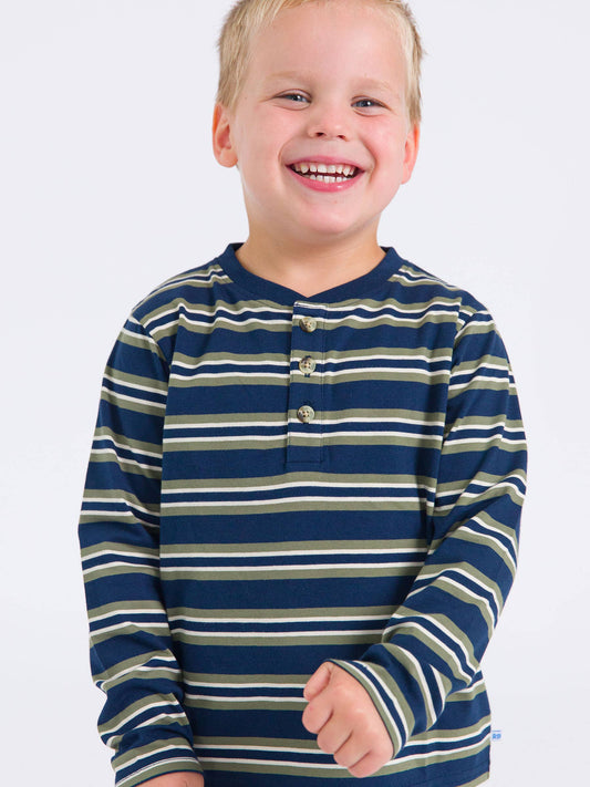 Boys Dark Navy & Olive Stripe Knit Long Sleeve Henley Tee