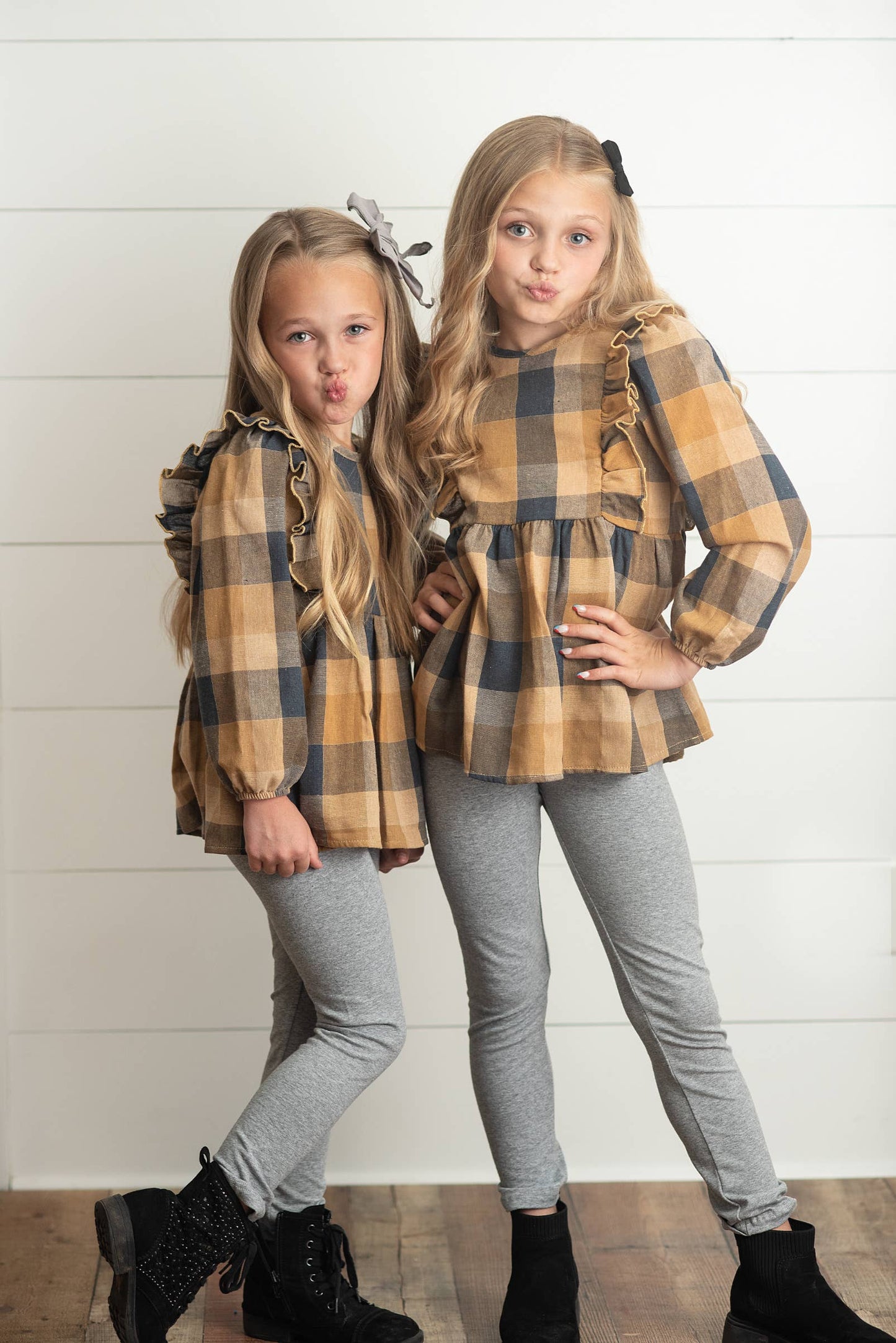 Girls Mustard & Gray Plaid Ruffle Button Set