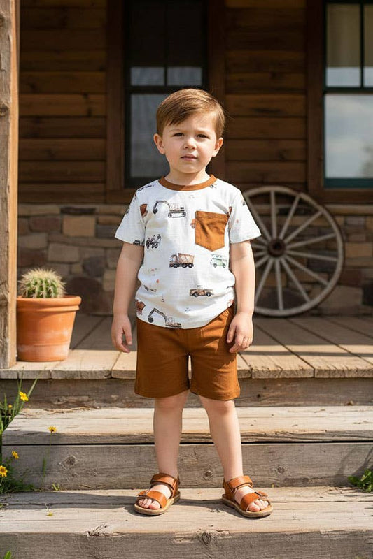 Construction Vehicles Top & Brown Shorts Set