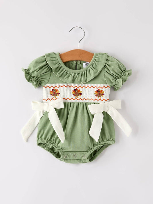 Fall Thanksgiving Smocked Embroidered Green Romper