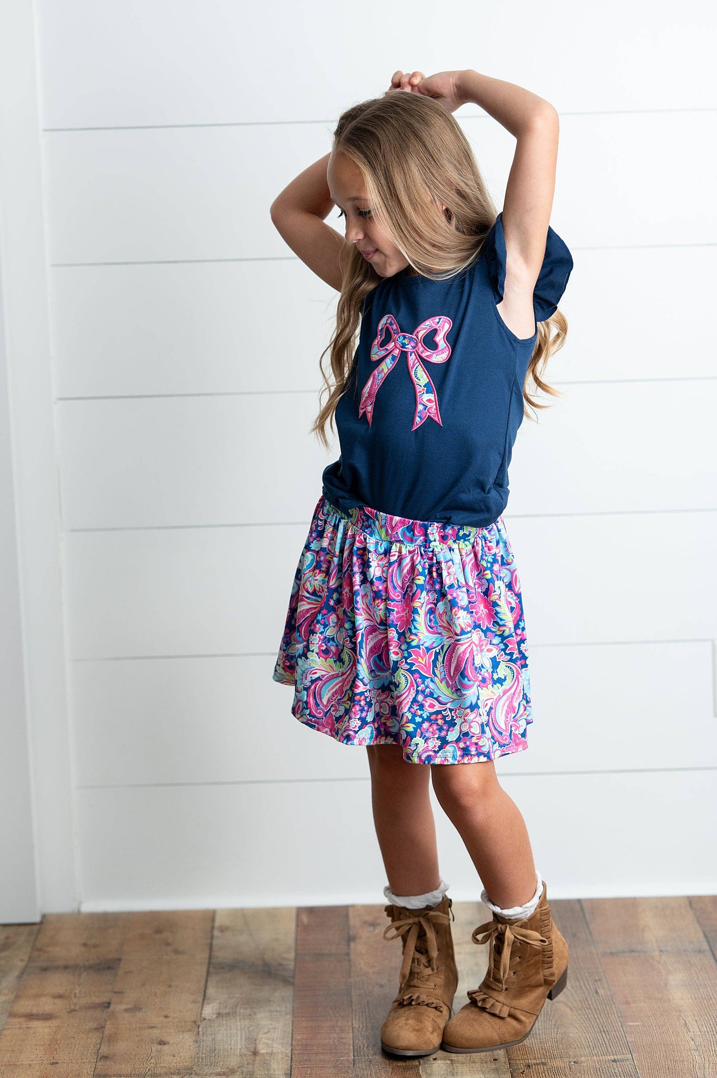 Girls Navy Pink Floral Bow Spring Summer Skort Set