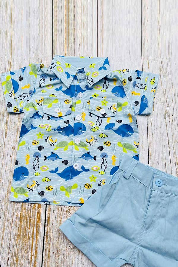 Whale & Fish Shirt & Blue Shorts Set