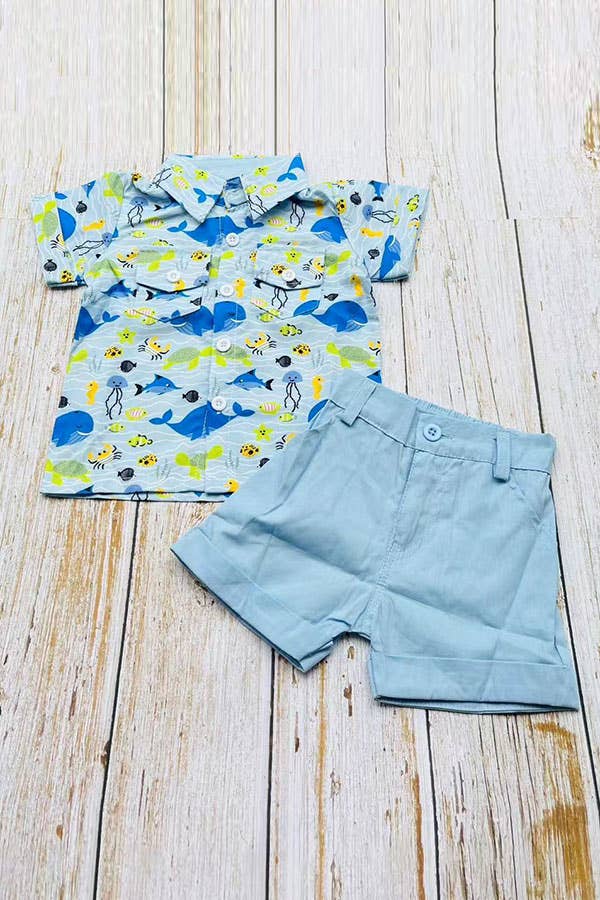 Whale & Fish Shirt & Blue Shorts Set