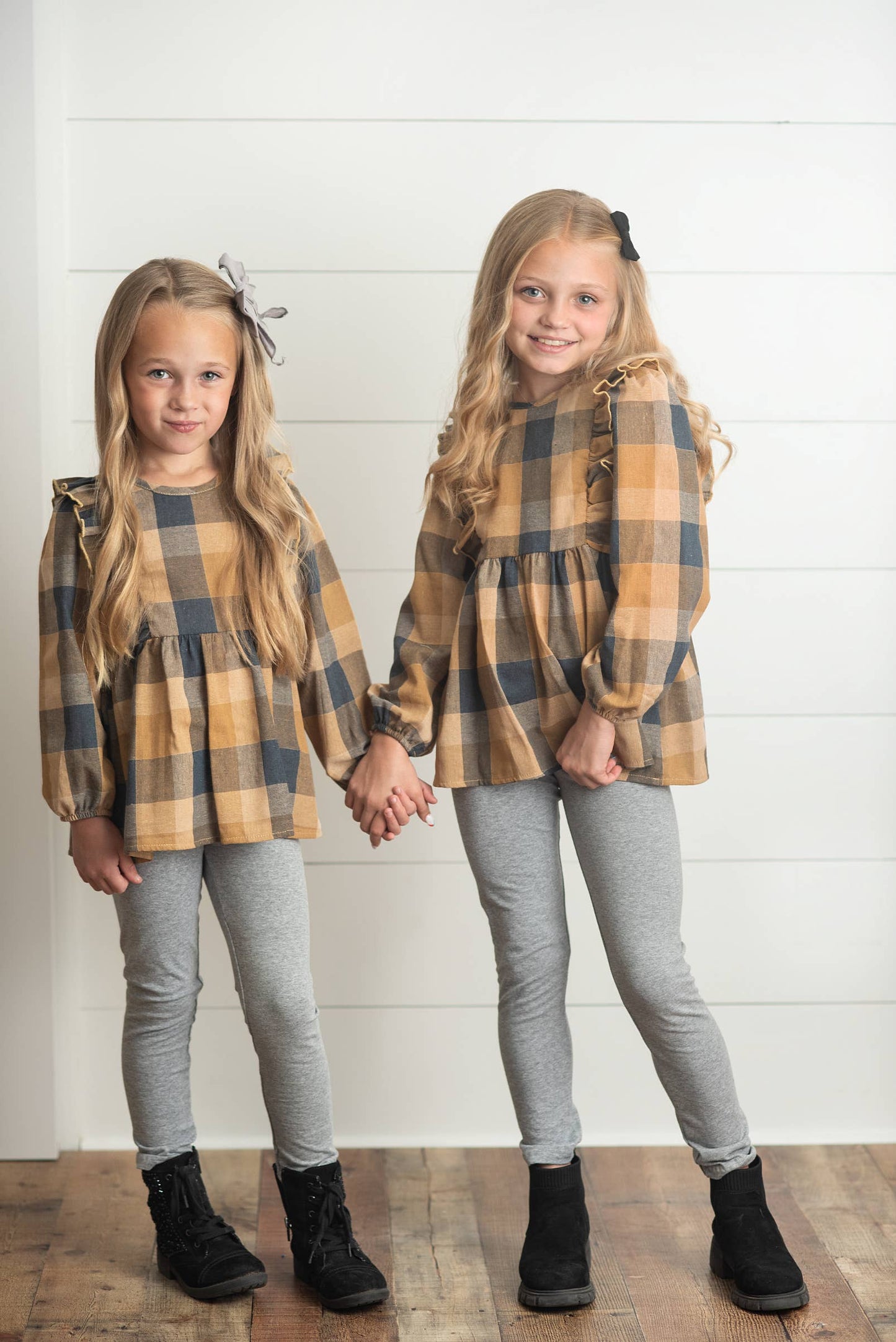 Girls Mustard & Gray Plaid Ruffle Button Set