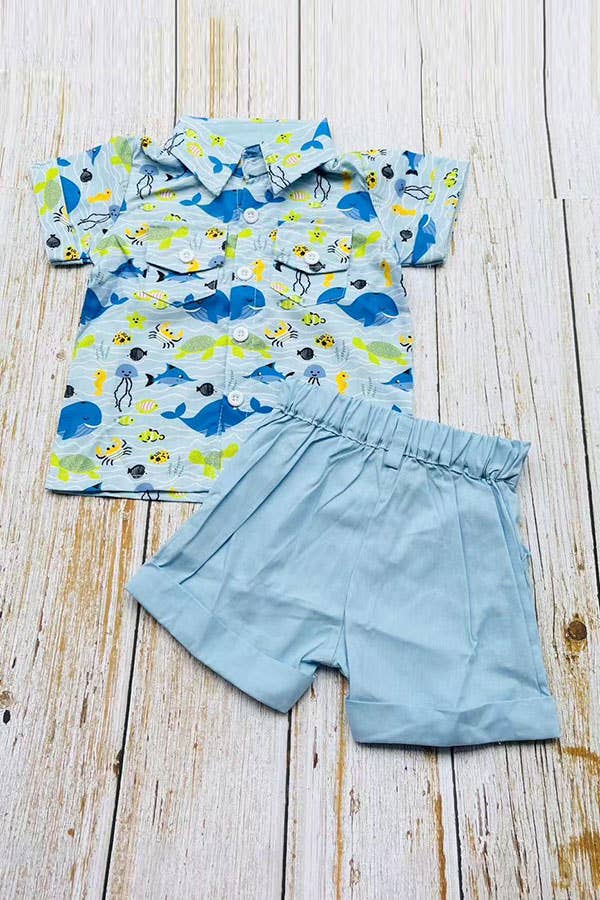 Whale & Fish Shirt & Blue Shorts Set