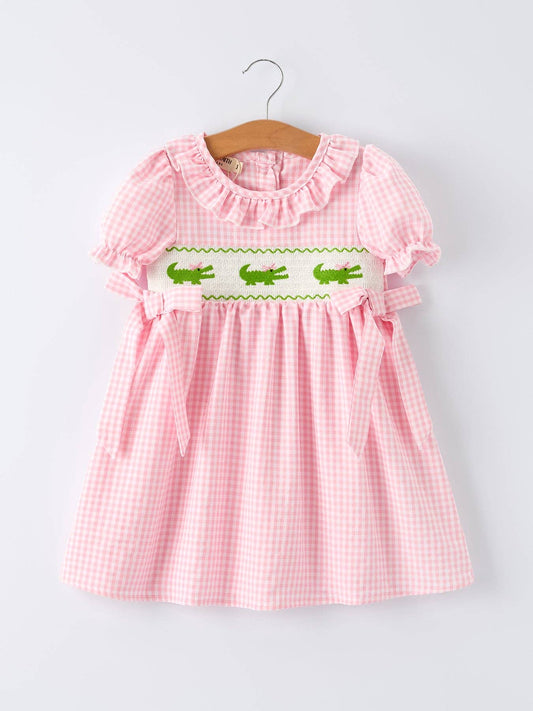 Girls Crocodile Embroidered Smocked Dress