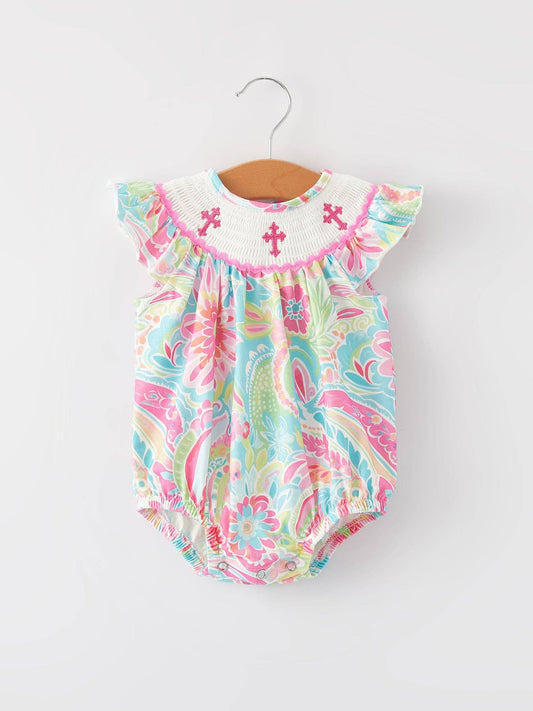 Easter Cross Smocked Embroidered Girl Romper