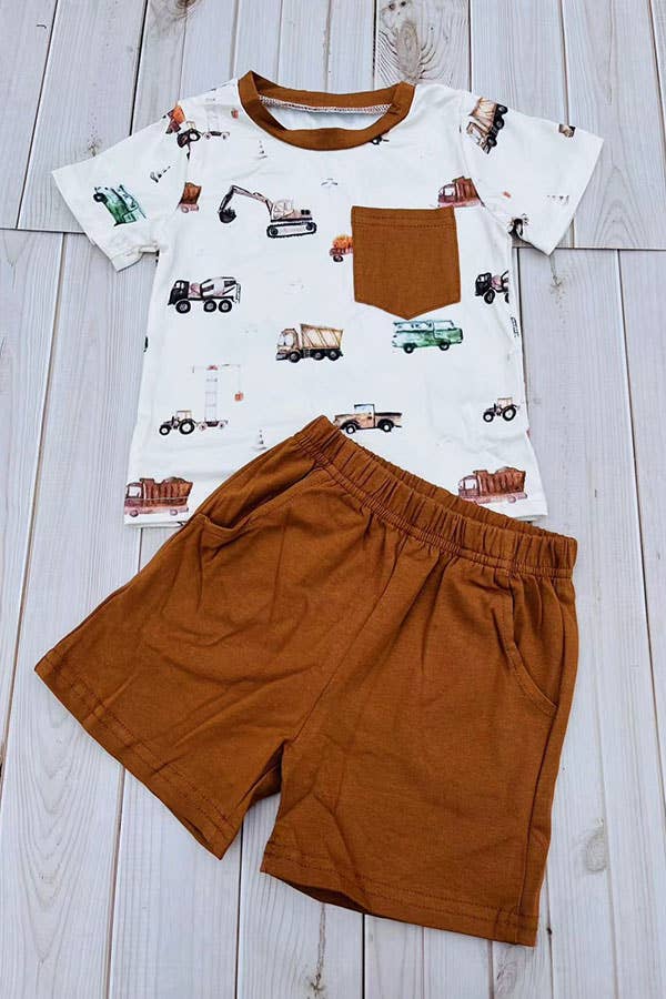 Construction Vehicles Top & Brown Shorts Set