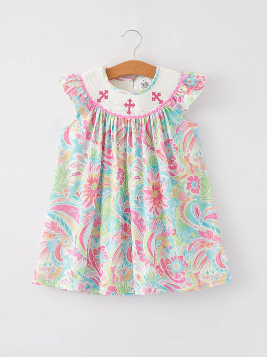 Colorful Cross Smocked Embroidered Dress