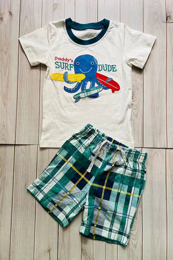 Daddy's Surf Dude White and Green Checkered Shorts Set