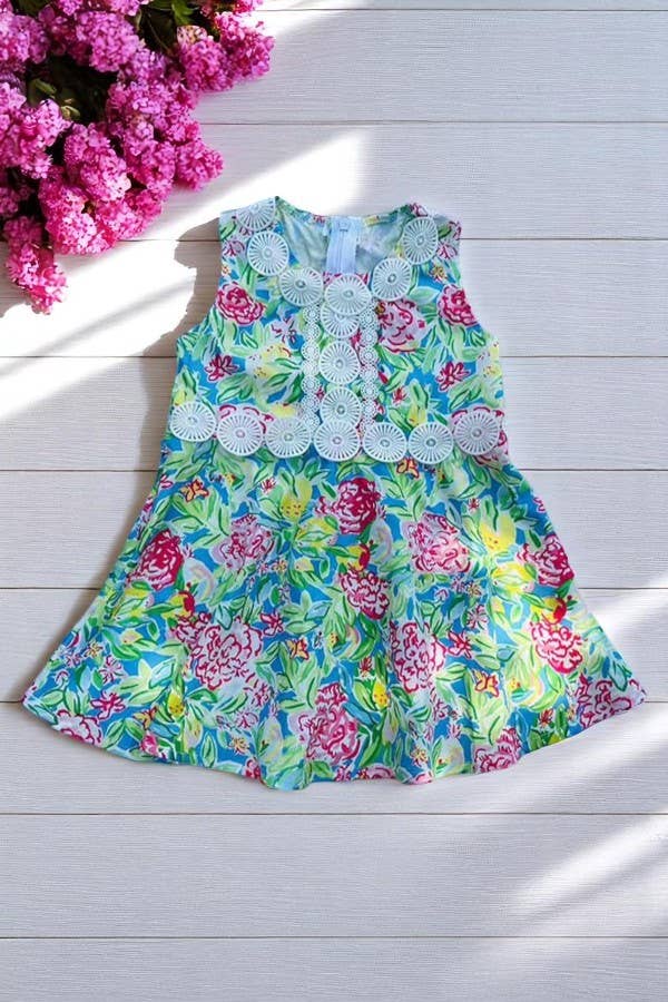 Girls Floral Print & White Lace Trim Dress