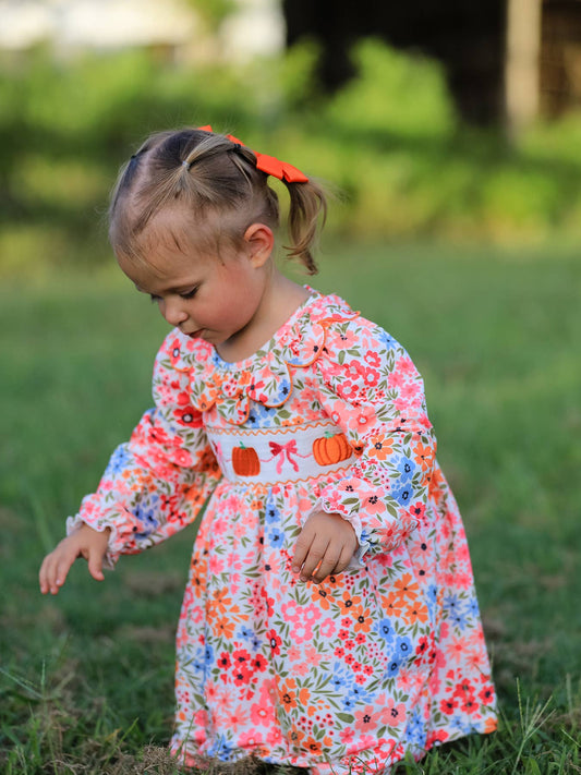 Pumpkin Bow Smocked Embroidered Floral Dress