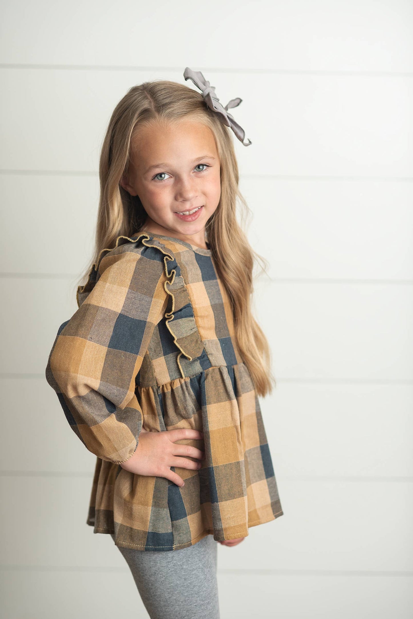 Girls Mustard & Gray Plaid Ruffle Button Set