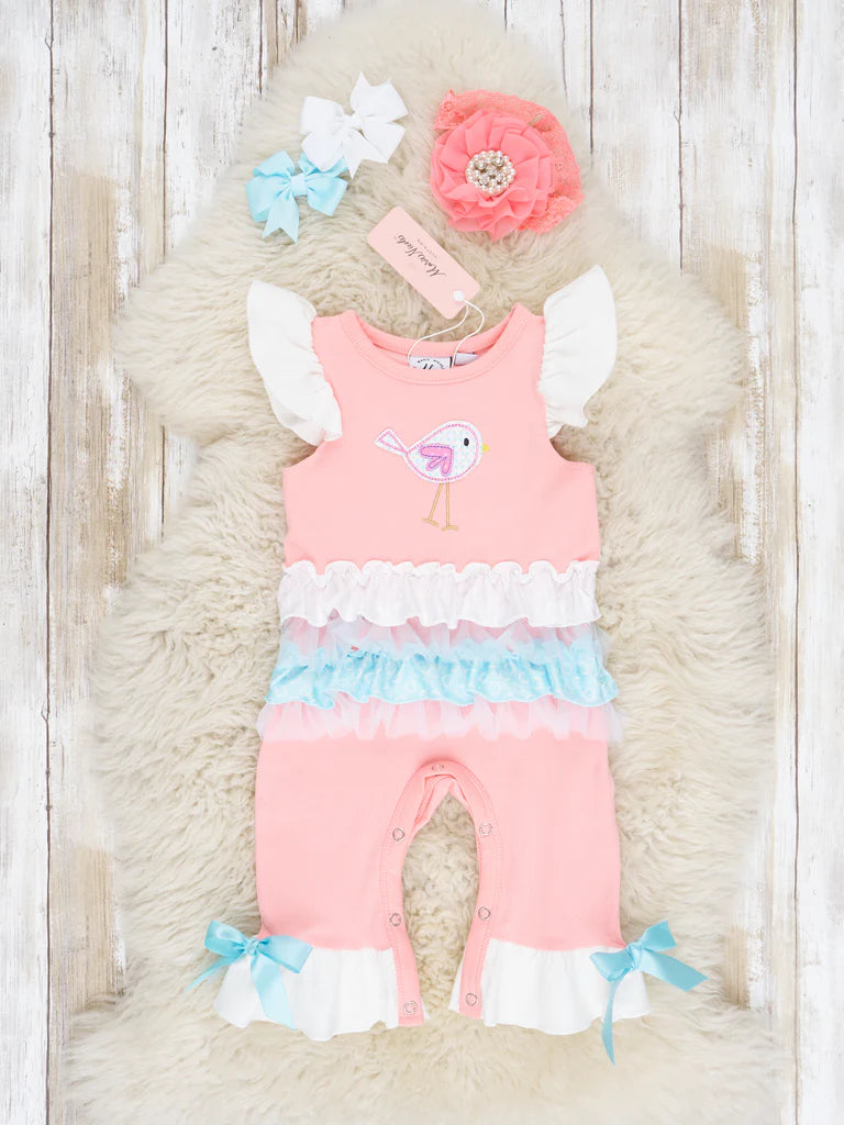 Pink Bird Ruffle Romper