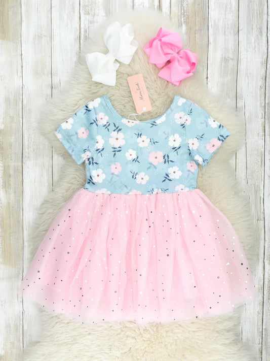 Pink & Blue Floral Tulle Dress